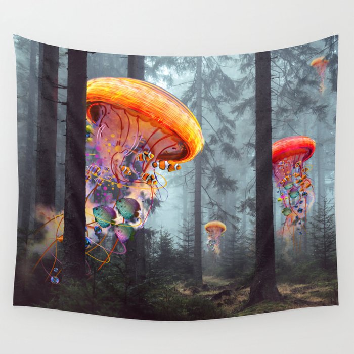 ElectricJellyfish Worlds in a Forest Wall Tapestry